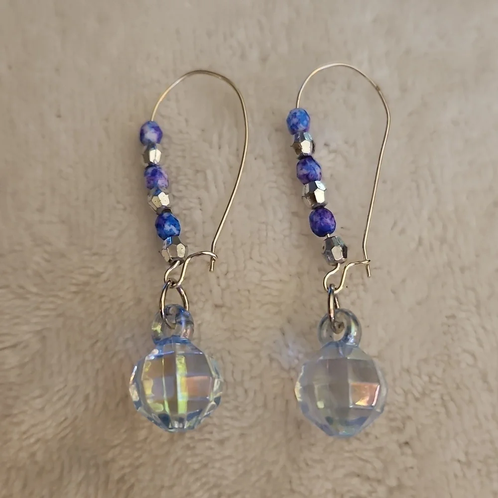 3/$30 HANDCRAFTED Lavendar Blue Czech Glass Beaded Disco Ball Hoop Earrings
